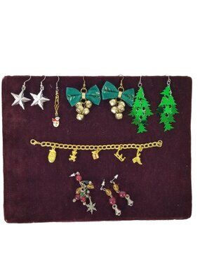 Vtg Holiday Christmas Jewelry Bundle of Earrings & a Charm Bracelet